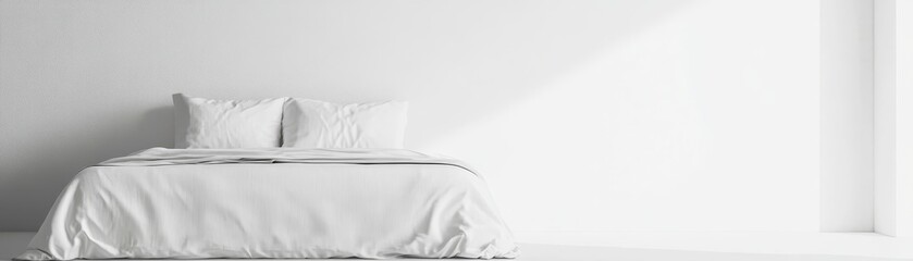 Minimalist bedroom with a white bed and pillows, bathed in natural light. Tranquil and simple design perfect for contemporary interiors.