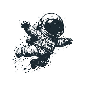 Cute astronaut floating on sky. Black white vector. Icon and logo illustration.