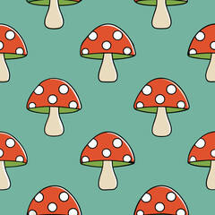Colorful mushroom pattern on a green background showcasing fun and whimsy