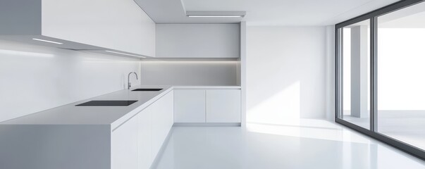 Modern minimalistic white kitchen interior with sleek cabinets, spacious countertop, large window, and bright natural lighting.