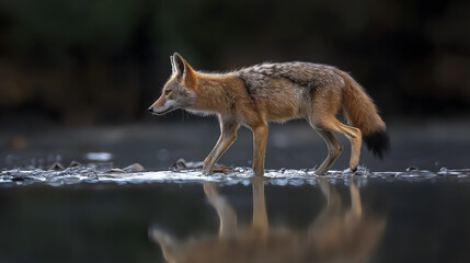 Fototapeta premium A golden jackal walking on water reflection