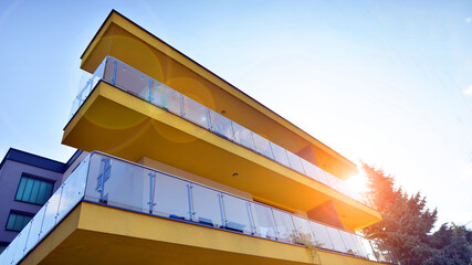 European residential architecture harmonizing with nature. Eco-friendly living in city with greens....