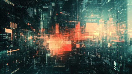 abstract glitched pixel art shapes on futuristic digital background, conveying a tech design aesthetic in an innovative manner