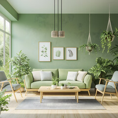 Green Living Room with Indoor Plants

