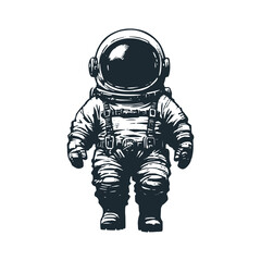 Cute astronaut pensive silence. Black white vector icon and logo illustration.