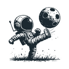 Cute astronaut kick a moon . Black white vector. Icon and logo illustration. © Maryoto