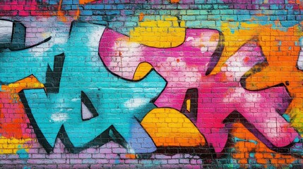 Fototapeta premium Vibrant and colorful graffiti art on a brick wall, featuring dynamic shapes and bright hues, ideal for urban culture themes.