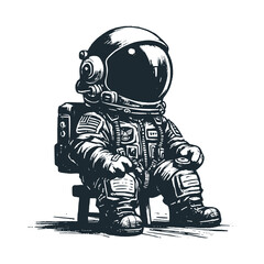 Cute astronaut pensive silence. Black white vector icon and logo illustration.