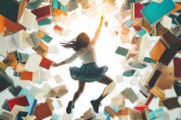 A creative collage of books swirling around a girl reaching for a glowing idea in a vibrant atmosphere of imagination and inspiration