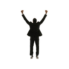 Businessman celebrating success with raised arms, embodying victory and achievement in a professional setting. transparent background