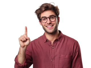 Young man smiling and raising a finger in a studio, transparent