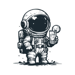 Cute astronaut hold a lemon water glass. Black white vector. Icon and logo illustration.