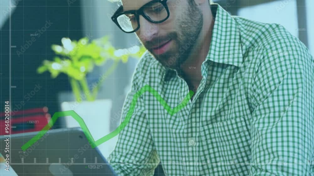 Aufkleber animation of financial data processing over caucasian businessman using tablet in office