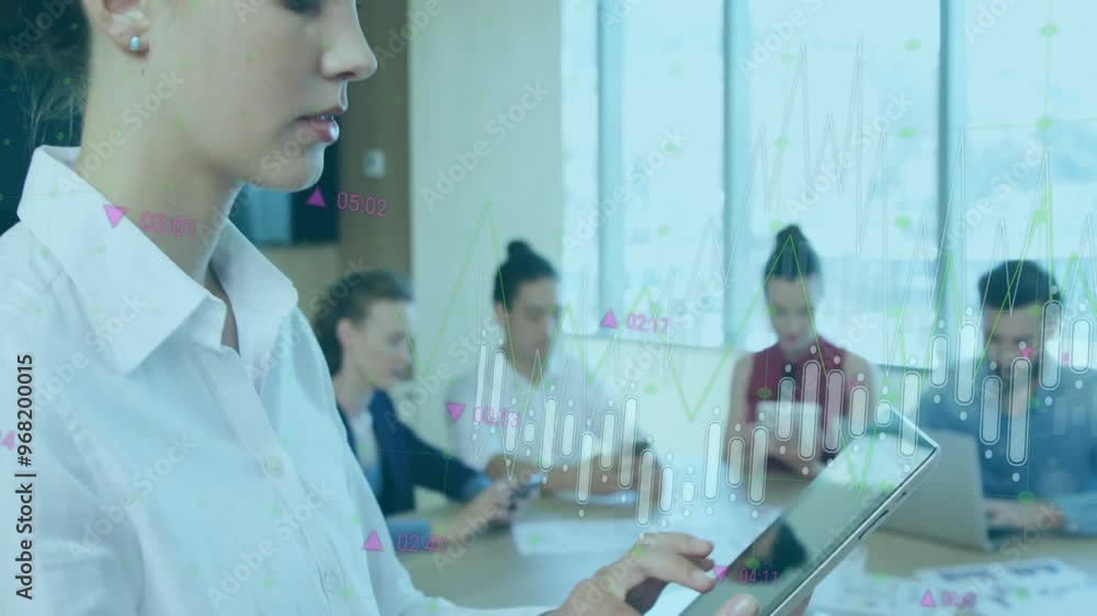 Canvas Prints Animation of financial data processing over caucasian businesswoman using tablet in office