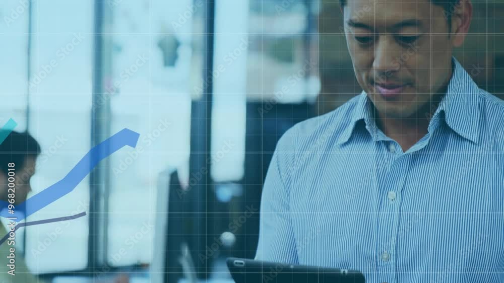 Poster animation of financial data processing over biracial businessman using tablet in office