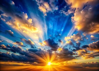 Fototapeta premium Sunrise dramatic blue sky with orange sun rays breaking through the clouds. Nature background. Hope concept. 