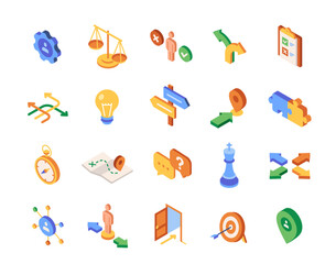 Decision Making Icon Set. Colorful symbols with uncertainty, strategy, career choices and directional arrows. Design elements for app. Isometric 3D vector illustration isolated on white background