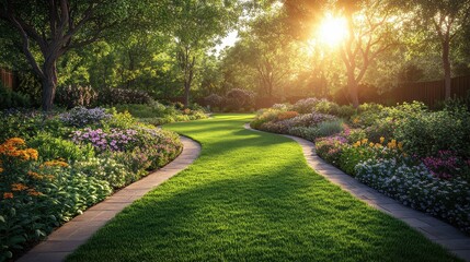 Obraz premium Lush Home Garden with Winding Path at Sunset: A Serene Outdoor Retreat