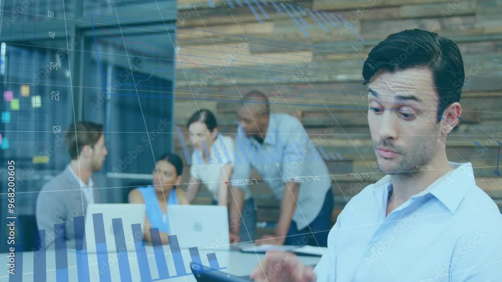 Poster animation of financial data processing over caucasian businessman using tablet in office