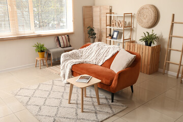 Cozy sofa with plaid and coffee table with magazine in interior of living room