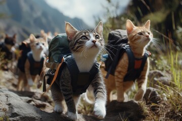 Obraz premium Adventurous cats trekking through mountain terrain with backpacks.