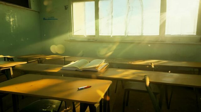 Sunlight streams through the window of an empty classroom, illuminating a book on a desk.