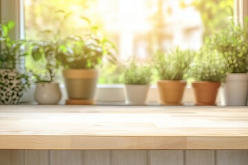 Modern Kitchen Countertop: Organized Storage and Greenery. Empty dinning table with blurred kitchen background