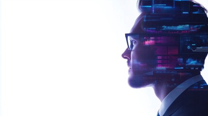 Man in Glasses Analyzing Advanced Digital Data with Futuristic Technology Elements. Double exposure
