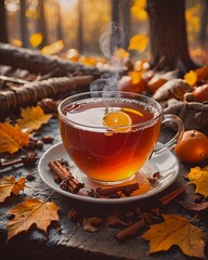cup of tea with autumn leaves
