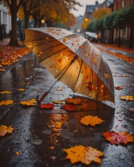 autumn leaves and umbrella in the rain