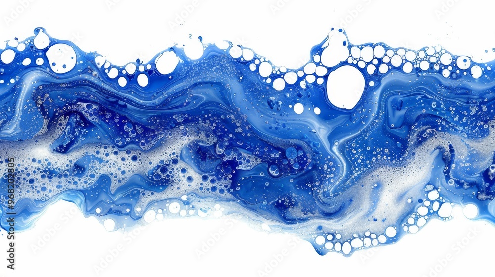 Poster artistic display of blue liquid bubbles and splashes forming intricate patterns on white background