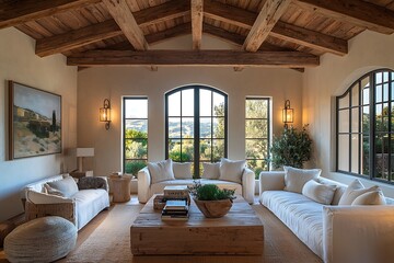 Fototapeta premium ,Warm Mediterranean living room with rustic features and soft lighting,