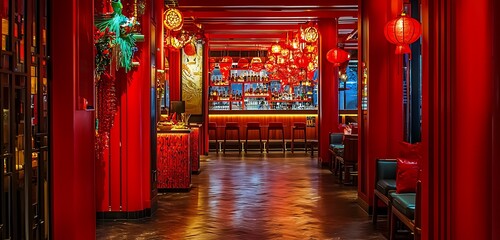Obraz premium Hotel corridor in red leading to a bar, vibrant decorations.