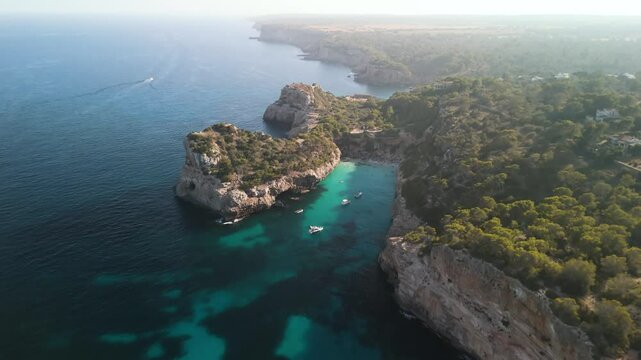 Aerial View of Calo des Moro Turquoise Sea and Rocky Coastline, Mallorca
