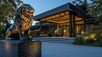 Modern Luxury Home with Guardian Lion Statue Highlighting the Importance of Home Insurance and Secure Living. Protection Security by Comprehensive Insurance Policies - Image Made Using Generative AI