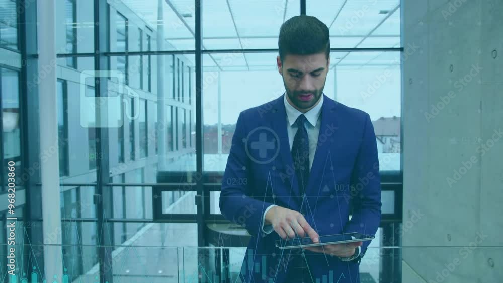 Poster animation of financial data processing over caucasian businessman using tablet in office