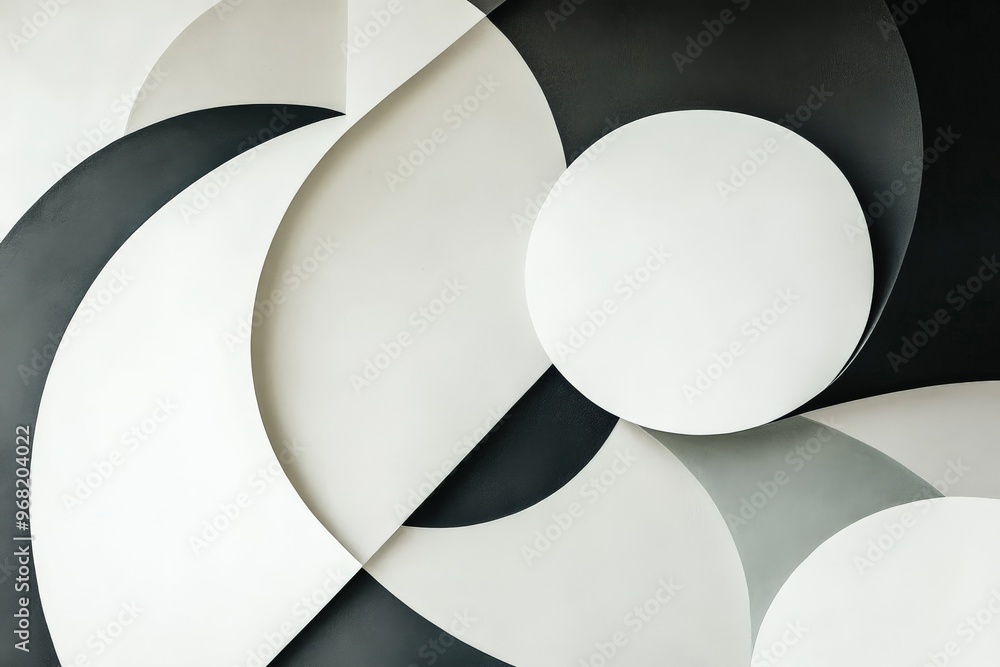 Poster An image showcasing a monochromatic geometric abstract composition with smooth shapes and circles in shades of black, white, and grey, giving a sleek and modern feel.
