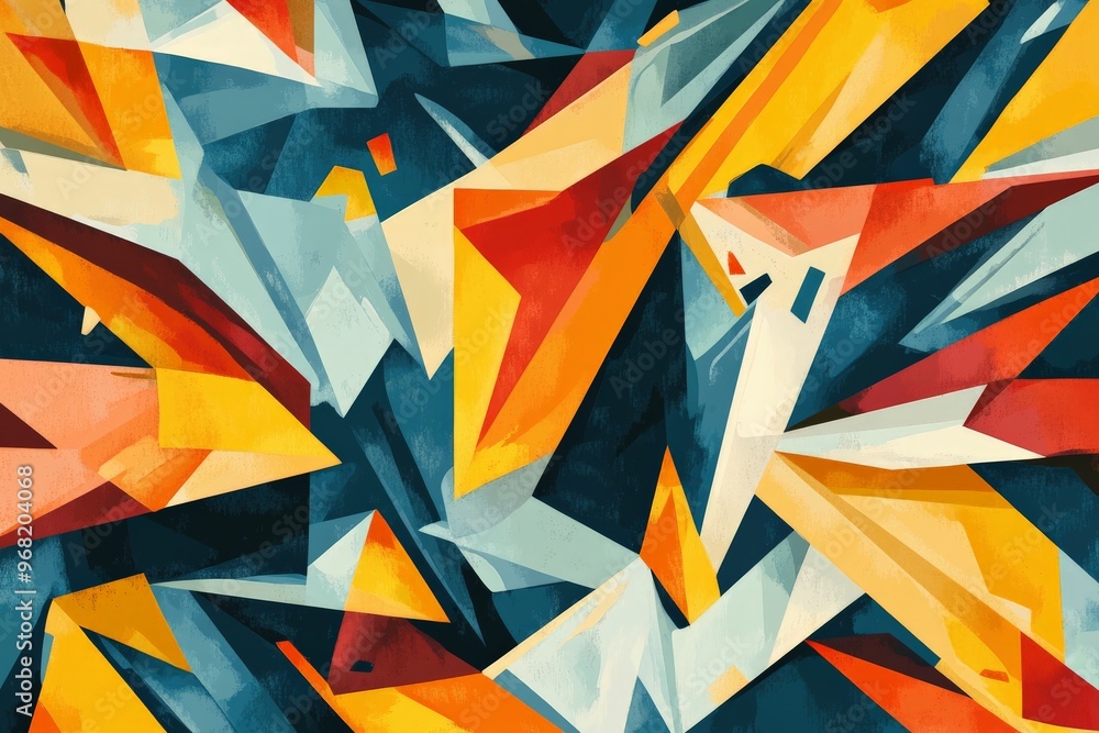 Aufkleber This image features an explosive geometric abstract artwork with sharp, angular shapes in vivid colors, creating a sense of movement and dynamic tension.