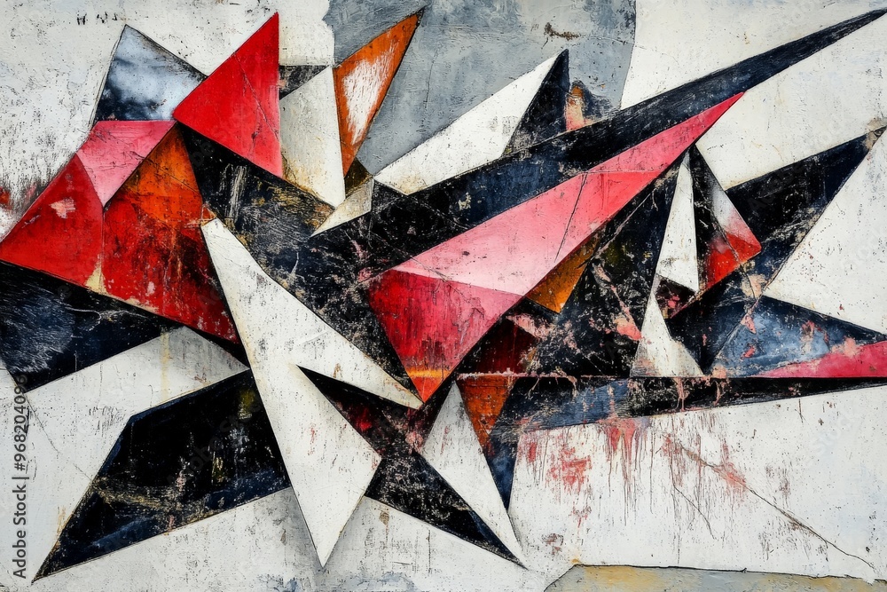 Fototapete This artwork exhibits a grungy abstract style with sharp angular shapes and bold colors, creating a raw and edgy visual effect that evokes a sense of motion and chaos.