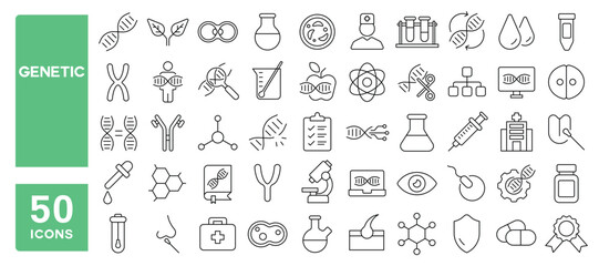 Set of 50 line icons related to genetic, dna, genome, gene, chromosomes, heredity, gender, experiments, swab, microscope, Editable stroke. Vector illustration