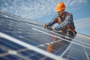 A man in a blue jacket is working on a solar panel,