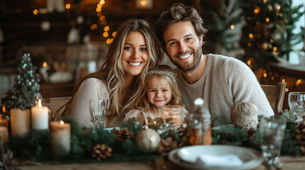 A family of three smiling together at a festive Christmas dinner table. The warm holiday lights and beautifully set table enhance the joyful and loving atmosphere of this special holiday moment.