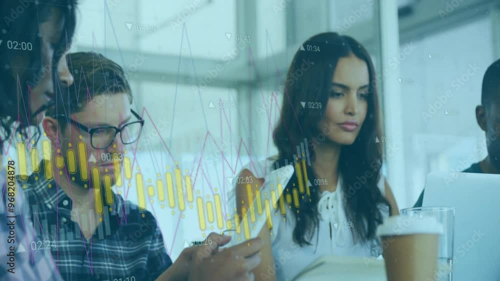 Poster animation of financial data processing over diverse colleagues working in office