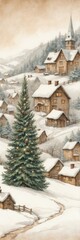 Festive Christmas bookmark - Snowy Mountain Village with a Christmas Tree - Watercolor Illustration on Sepia Tones