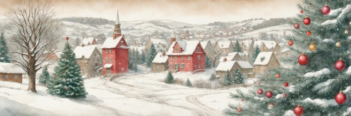Snowy Vintage Christmas Village Scene &ndash; Winter Mountain Landscape with Festive Tree for Holiday Design