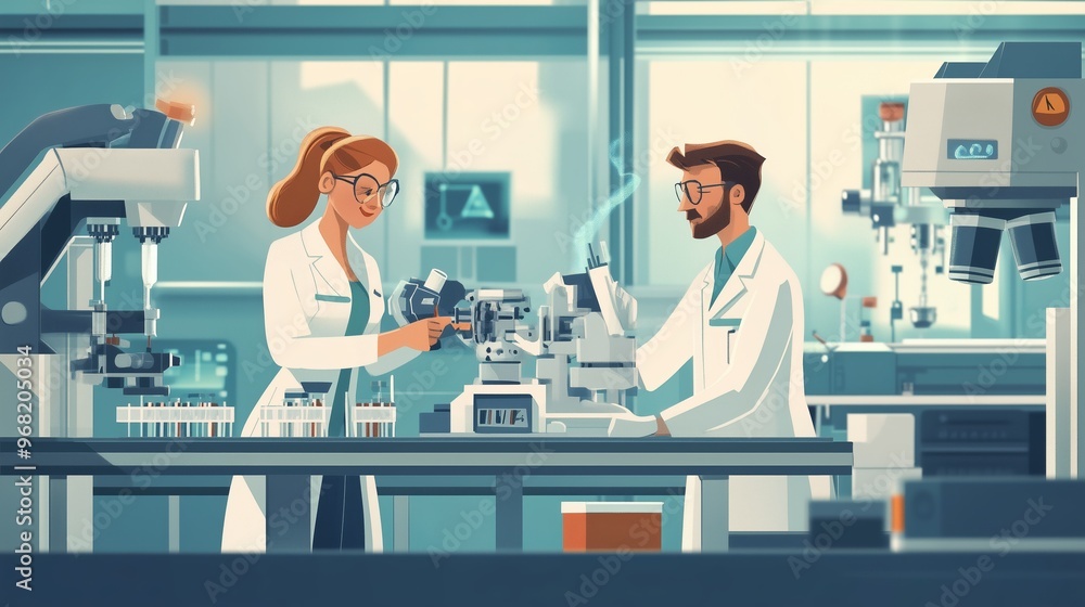 Poster scientists collaborating in a modern laboratory, examining samples under a microscope during a resea