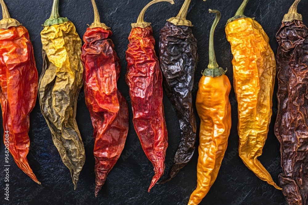 Poster A visually striking arrangement of various dried chili peppers in a row showcases their vibrant colors and textures against a dark background, emphasizing their natural appeal.