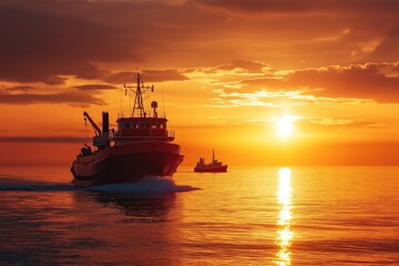 Fototapeta premium Two fishing boats sail homeward during a vibrant sunset, reflecting on calm ocean waters, creating a serene scene.