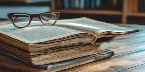 A stack of old books with glasses on top is resting on a wooden table, symbolizing knowledge and history.