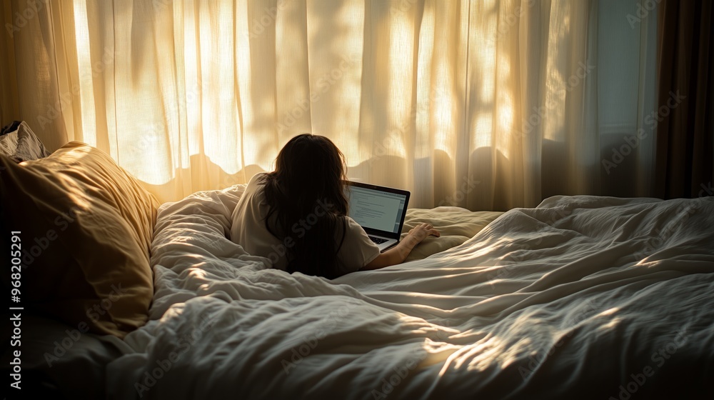 Poster a person working on a laptop while relaxing in bed surrounded by soft blankets and natural light str